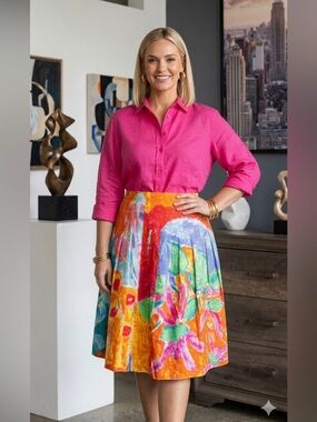 Ralph Lauren Bold Painted Floral A-Line Skirt in Orange, Pink & Green
